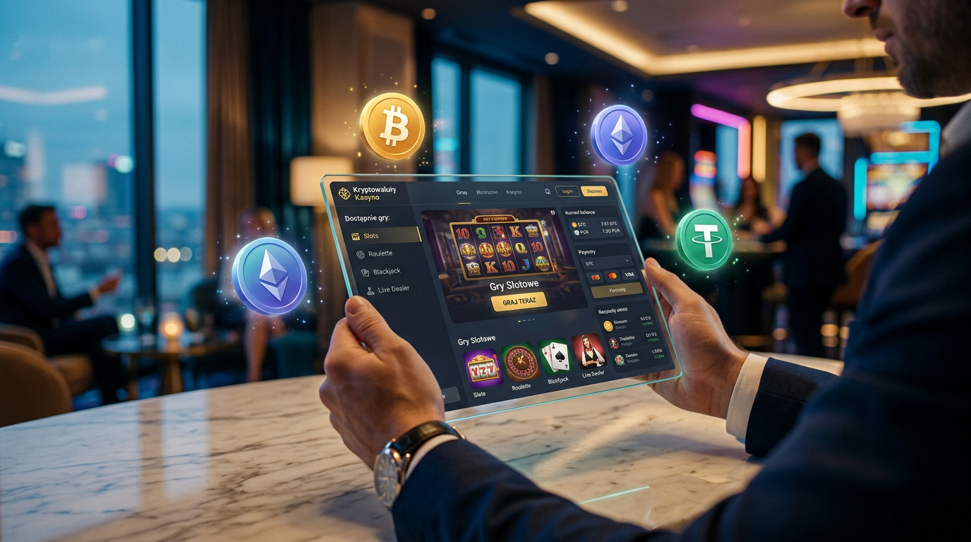 Nowoczesne kasyno krypto z symbolami Bitcoina i Ethereum