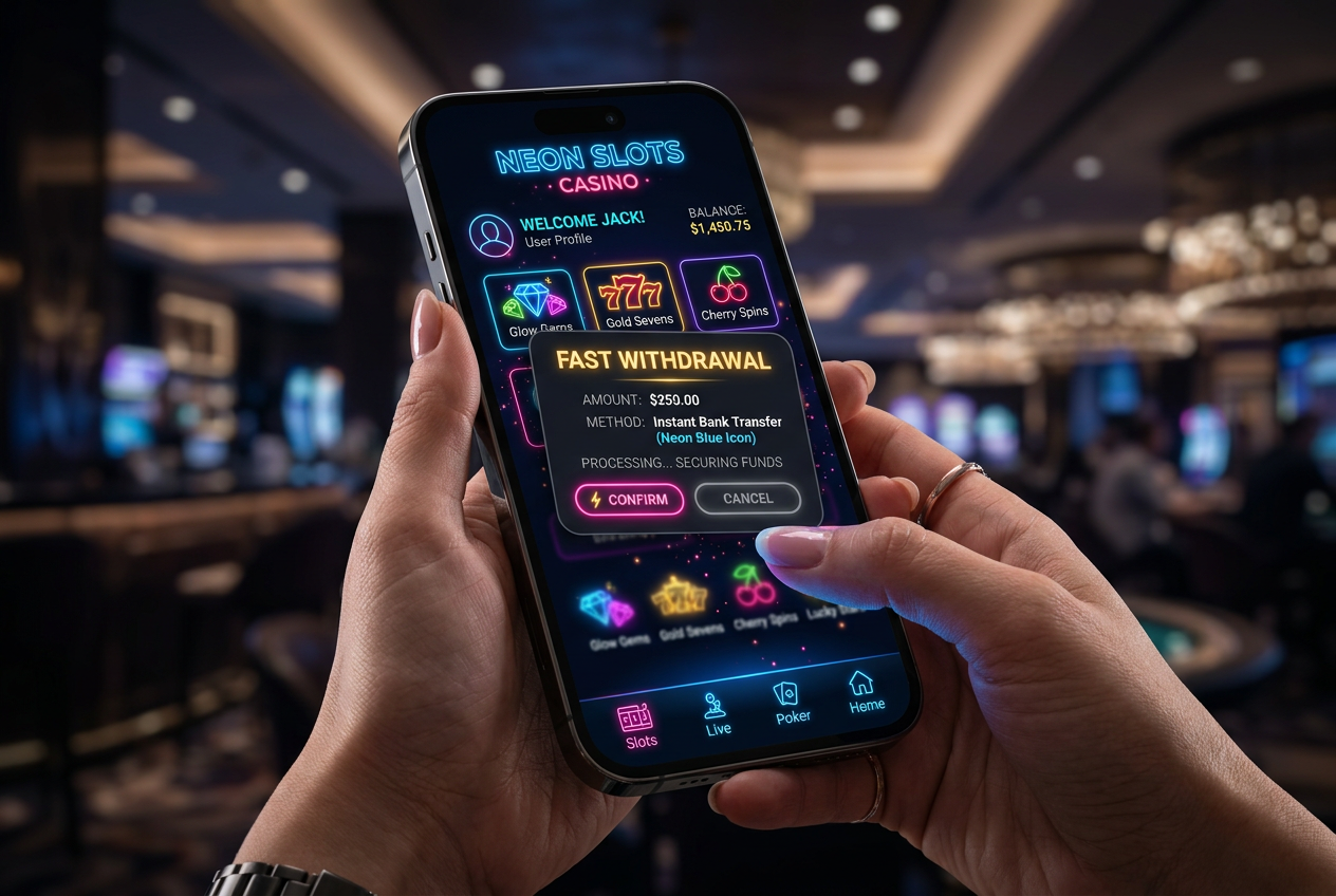 Nowoczesny interfejs kasyna mobilnego na smartfonie z motywem neonowym